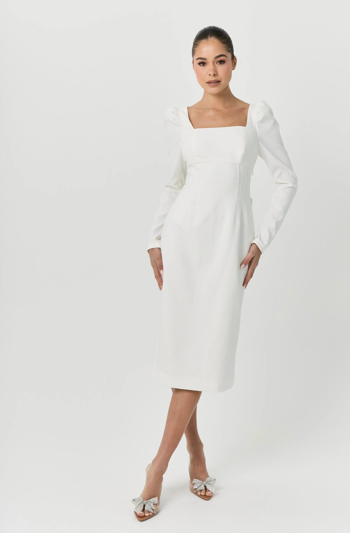 BOW MIDI DRESS WHITE A-LINE