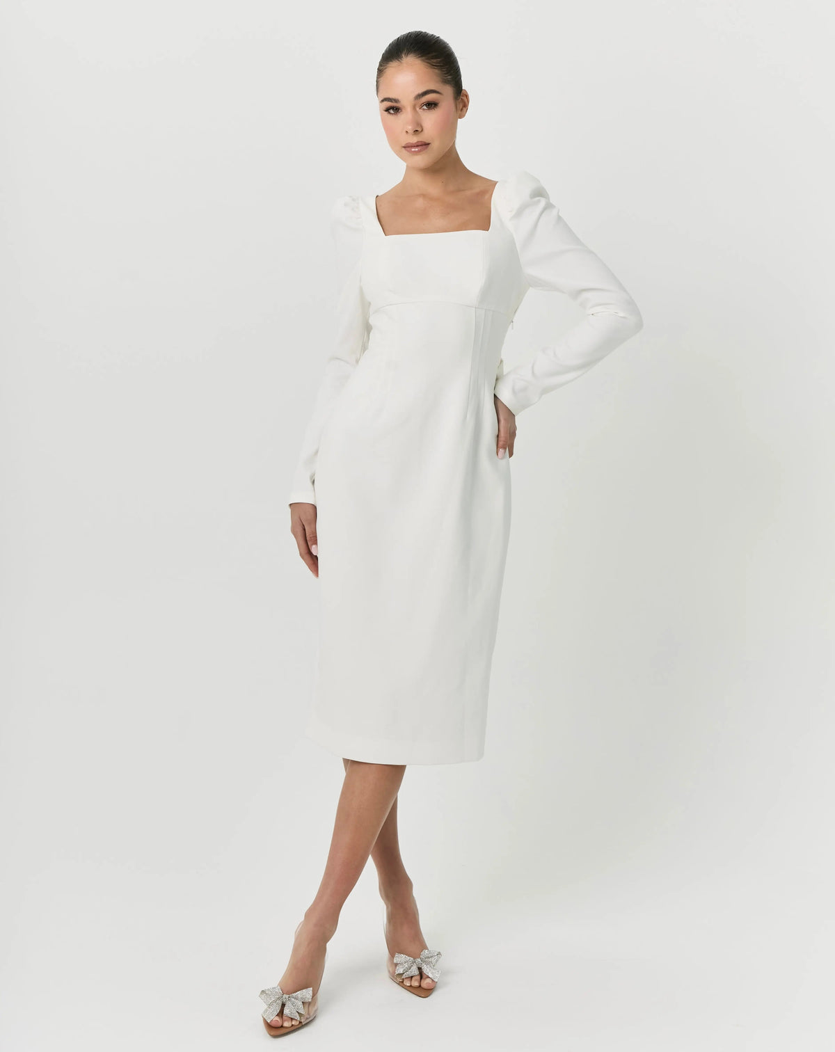 BOW MIDI DRESS WHITE A-LINE