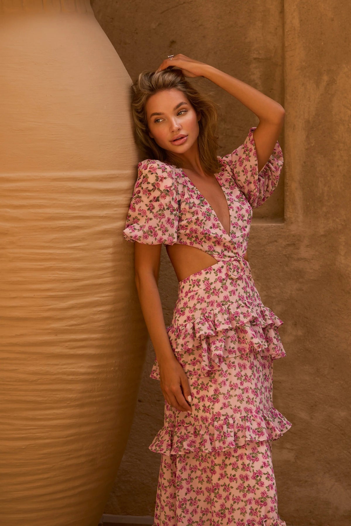 CASSINI CAP SLEEVE DRESS PINK FLORAL