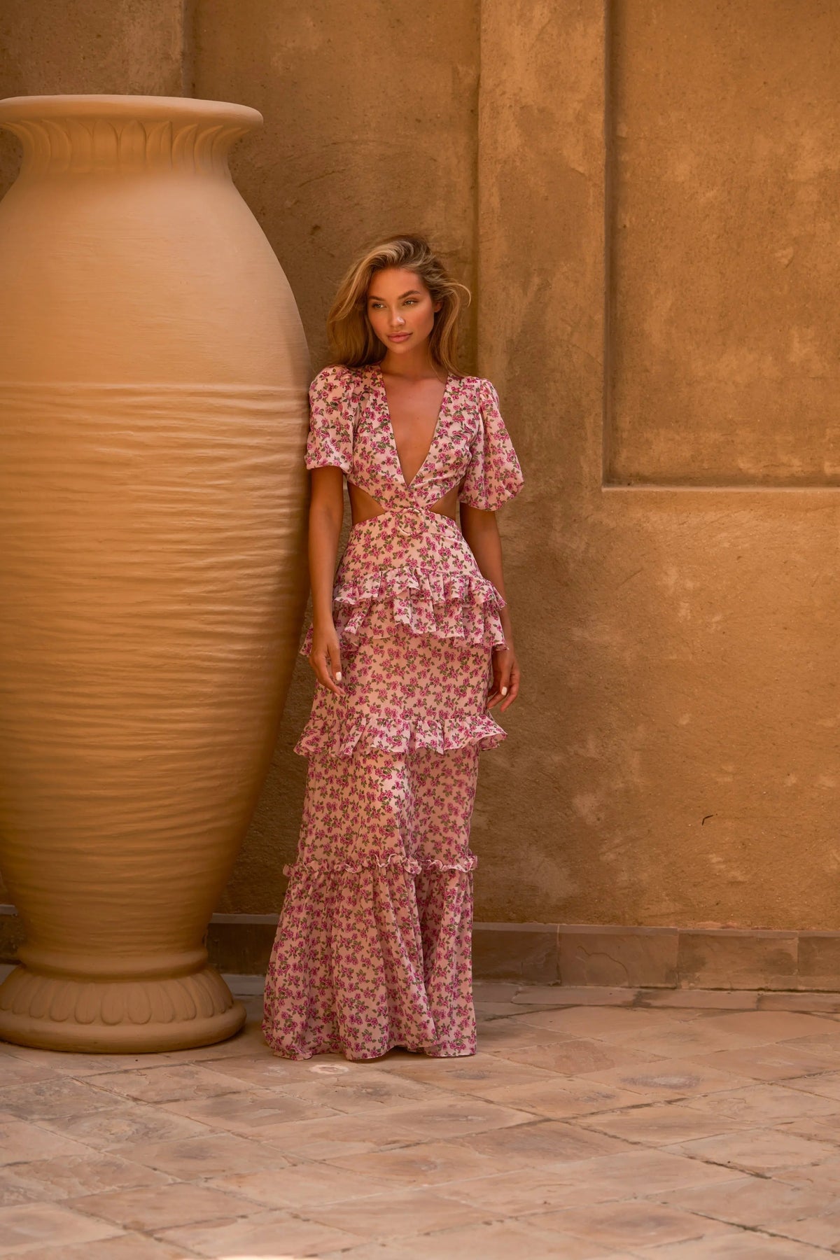 CASSINI CAP SLEEVE DRESS PINK FLORAL