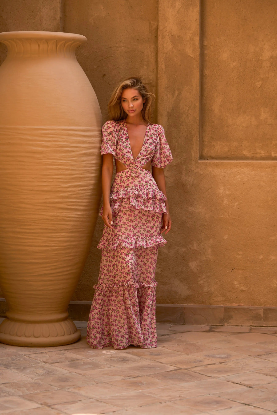 CASSINI CAP SLEEVE DRESS PINK FLORAL