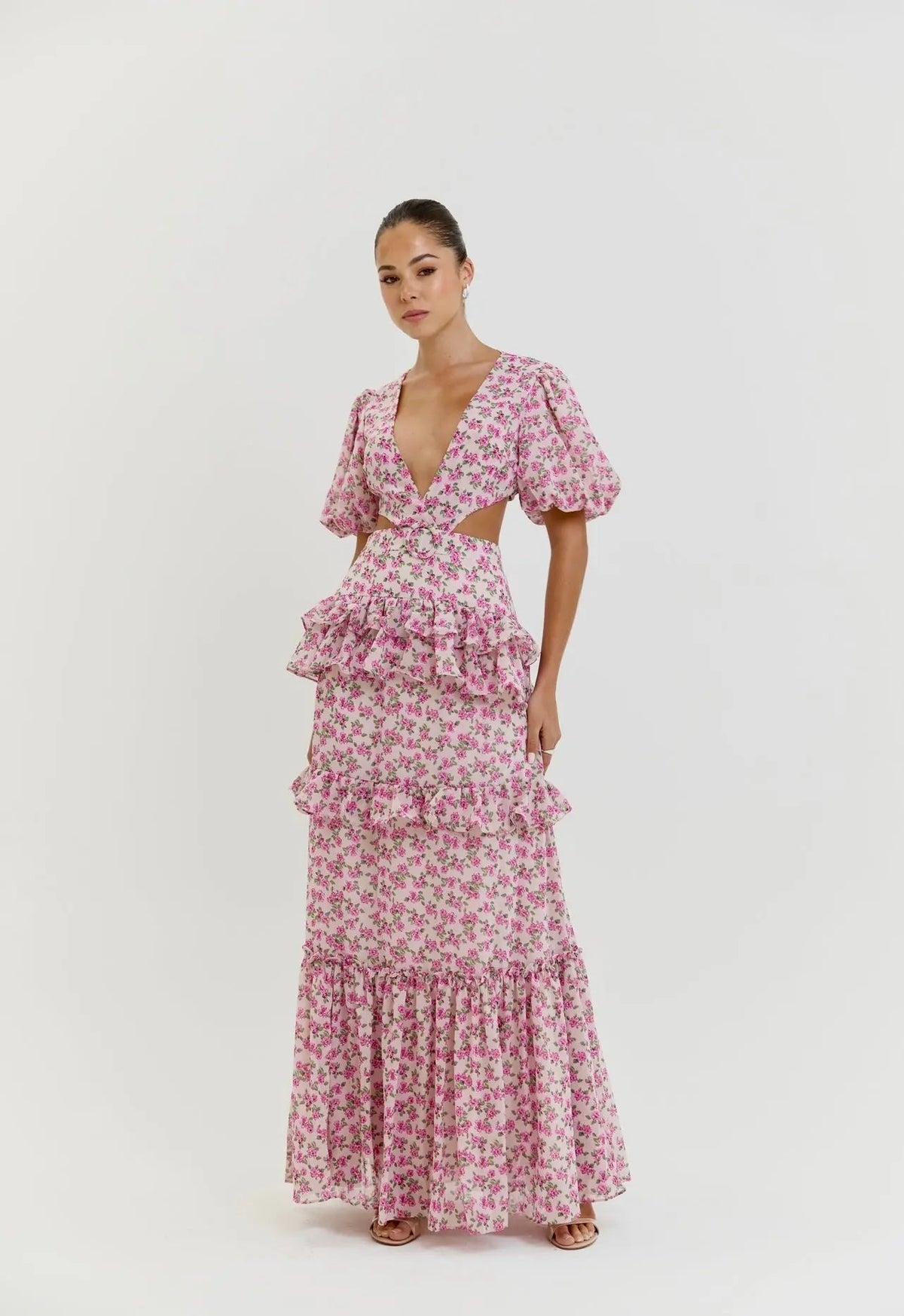 CASSINI CAP SLEEVE DRESS PINK FLORAL