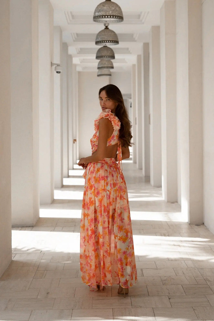 CASSINI MAXI DRESS ORANGE FUCHSIA FLORAL