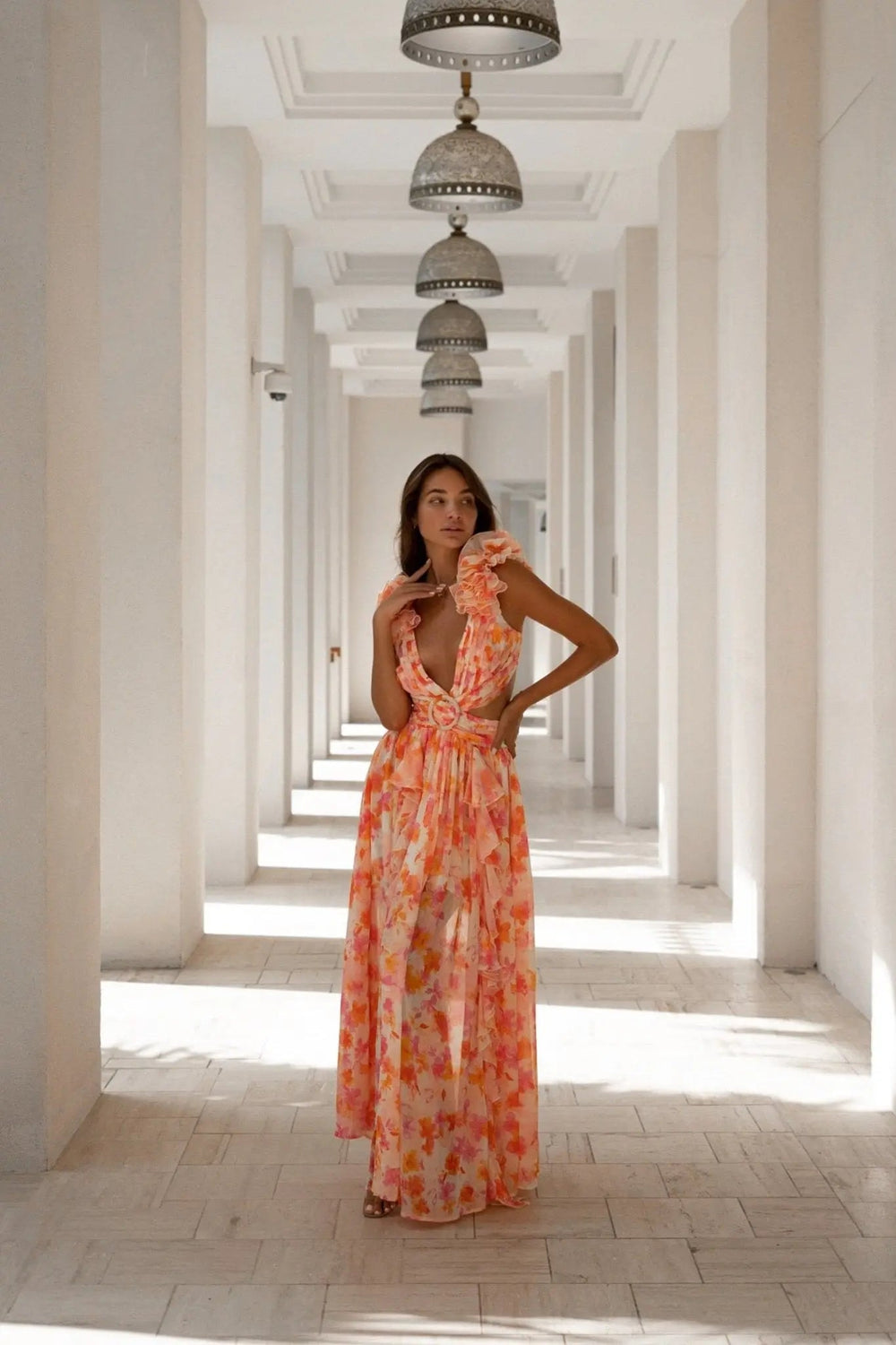 CASSINI MAXI DRESS ORANGE FUCHSIA FLORAL